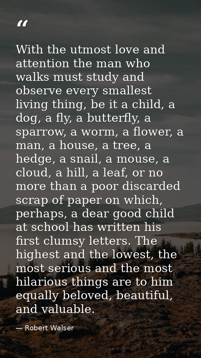 With the utmost love and attention the man who walks must study and observe every smallest living thing, be it a child,  — Robert Walser