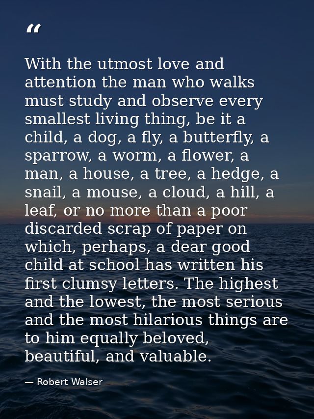 With the utmost love and attention the man who walks must study and observe every smallest living thing, be it a child,  — Robert Walser