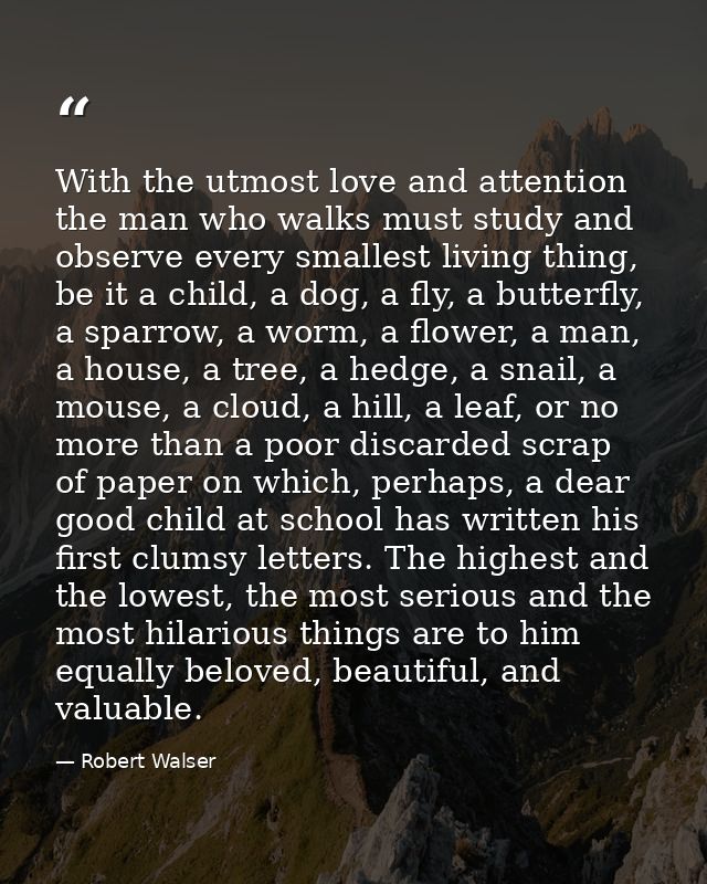With the utmost love and attention the man who walks must study and observe every smallest living thing, be it a child,  — Robert Walser