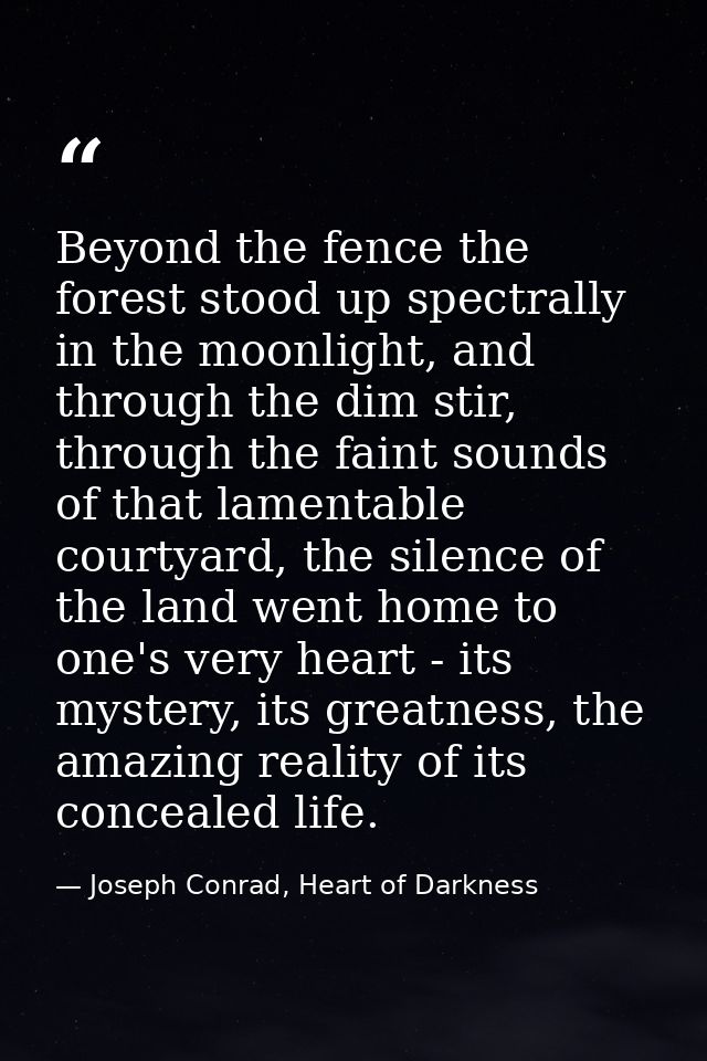 Beyond the fence the forest stood up spectrally in the moonlight, and through the dim stir, through the faint sounds of  — Joseph Conrad, Heart of Darkness