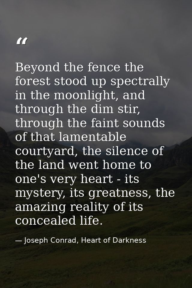 Beyond the fence the forest stood up spectrally in the moonlight, and through the dim stir, through the faint sounds of  — Joseph Conrad, Heart of Darkness