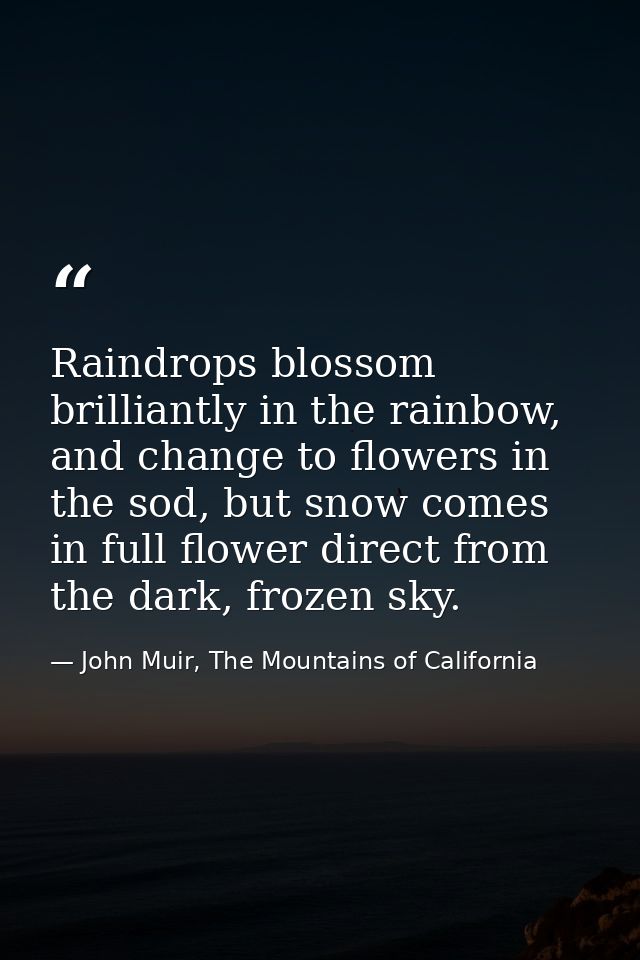Raindrops blossom brilliantly in the rainbow, and change to flowers in the sod, but snow comes in full flower direct fro — John Muir, The Mountains of California