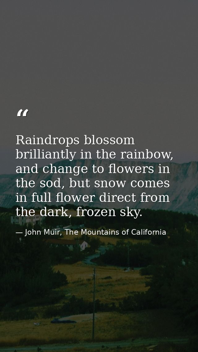 Raindrops blossom brilliantly in the rainbow, and change to flowers in the sod, but snow comes in full flower direct fro — John Muir, The Mountains of California