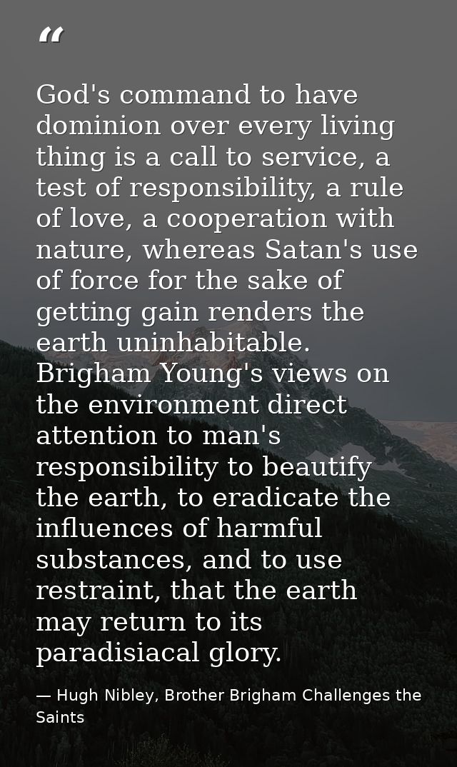 God's command to have dominion over every living thing is a call to service, a test of responsibility, a rule of love, a — Hugh Nibley, Brother Brigham Challenges the Saints
