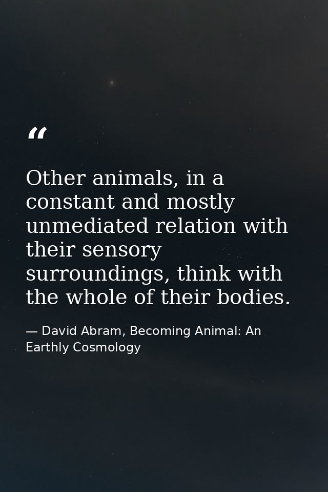 Other animals, in a constant and mostly unmediated relation with their sensory surroundings, think with the whole of the — David Abram, Becoming Animal: An Earthly Cosmology