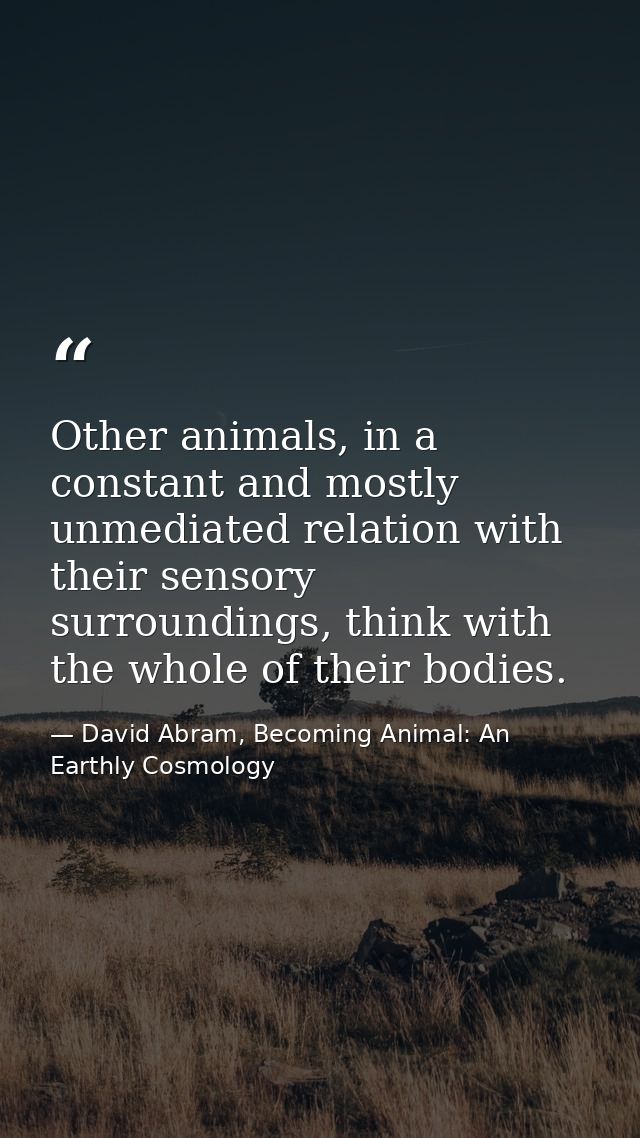Other animals, in a constant and mostly unmediated relation with their sensory surroundings, think with the whole of the — David Abram, Becoming Animal: An Earthly Cosmology