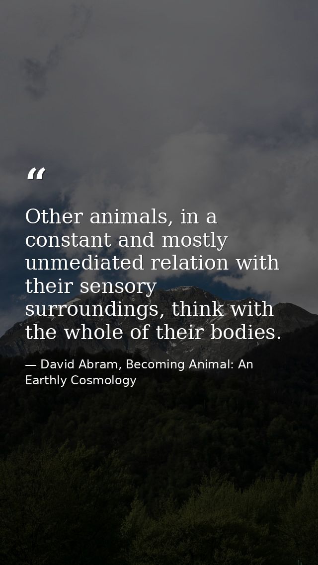 Other animals, in a constant and mostly unmediated relation with their sensory surroundings, think with the whole of the — David Abram, Becoming Animal: An Earthly Cosmology