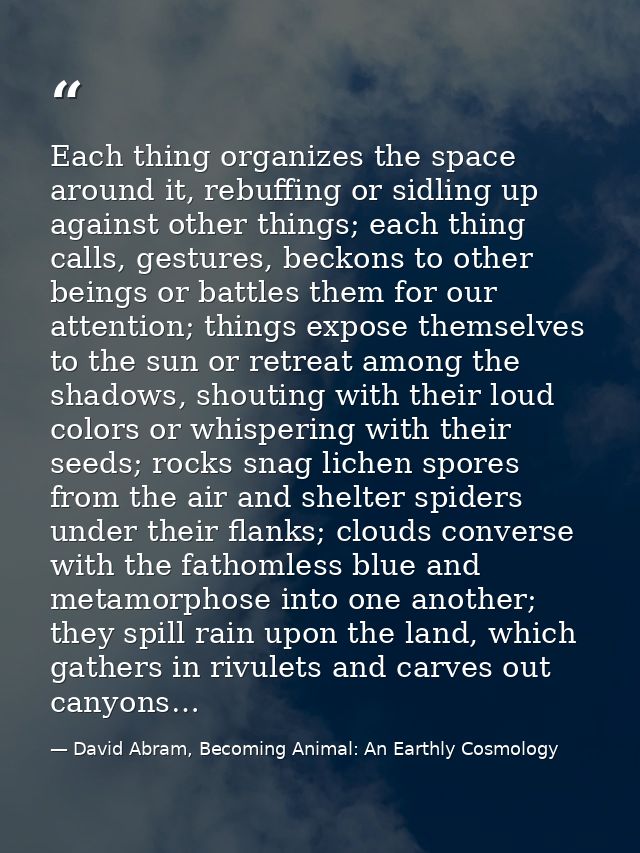 Each thing organizes the space around it, rebuffing or sidling up against other things; each thing calls, gestures, beck — David Abram, Becoming Animal: An Earthly Cosmology