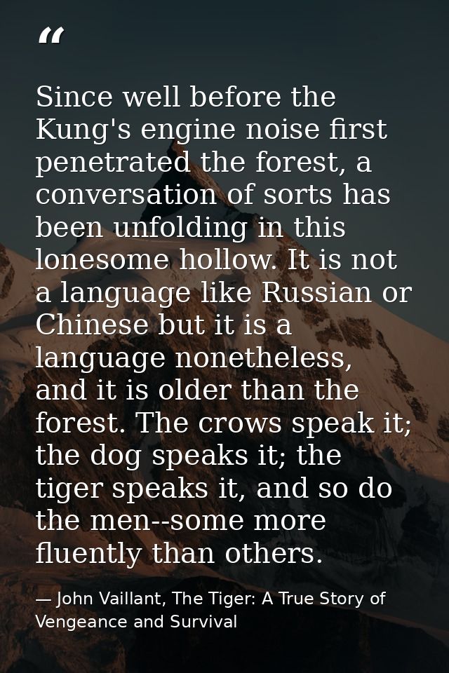 Since well before the Kung's engine noise first penetrated the forest, a conversation of sorts has been unfolding in thi — John Vaillant, The Tiger: A True Story of Vengeance and Survival