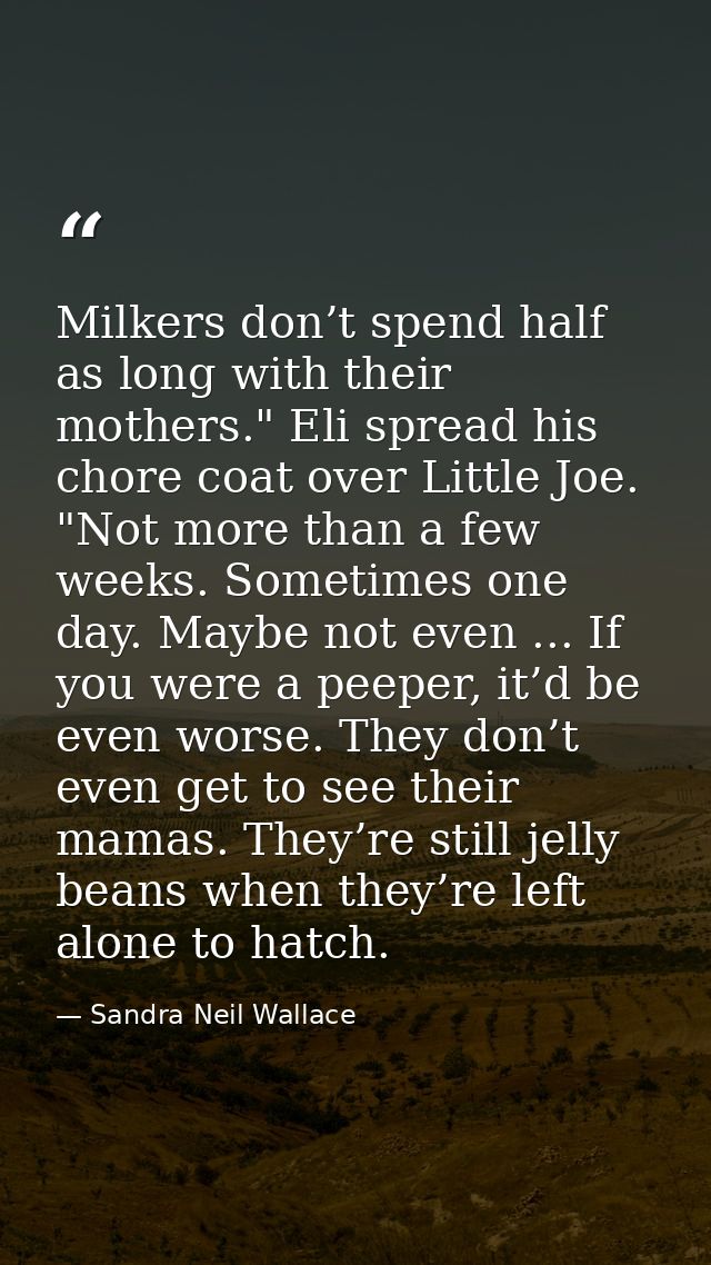 Milkers don’t spend half as long with their mothers." Eli spread his chore coat over Little Joe. "Not more than a few we — Sandra Neil Wallace