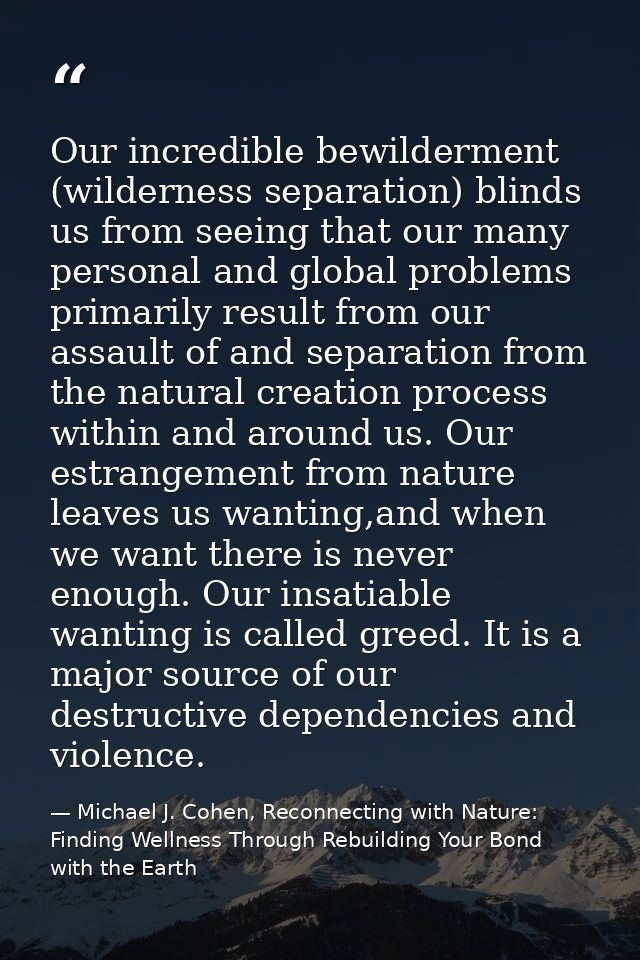 Our incredible bewilderment (wilderness separation) blinds us from seeing that our many personal and global problems pri — Michael J. Cohen, Reconnecting with Nature: Finding Wellness Through Rebuilding Your Bond with the Earth