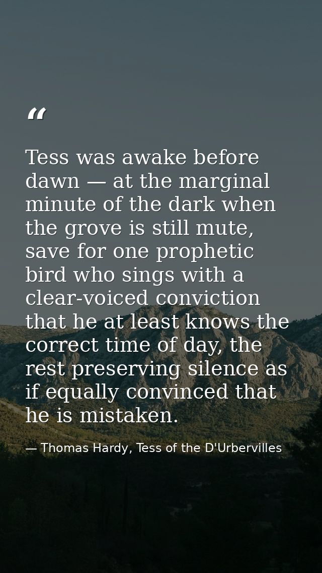 Tess was awake before dawn — at the marginal minute of the dark when the grove is still mute, save for one prophetic bir — Thomas Hardy, Tess of the D'Urbervilles