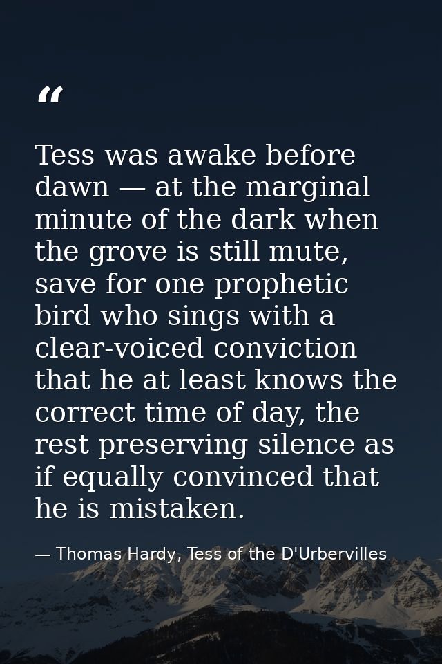Tess was awake before dawn — at the marginal minute of the dark when the grove is still mute, save for one prophetic bir — Thomas Hardy, Tess of the D'Urbervilles