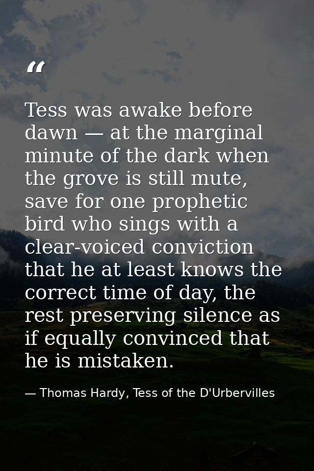 Tess was awake before dawn — at the marginal minute of the dark when the grove is still mute, save for one prophetic bir — Thomas Hardy, Tess of the D'Urbervilles
