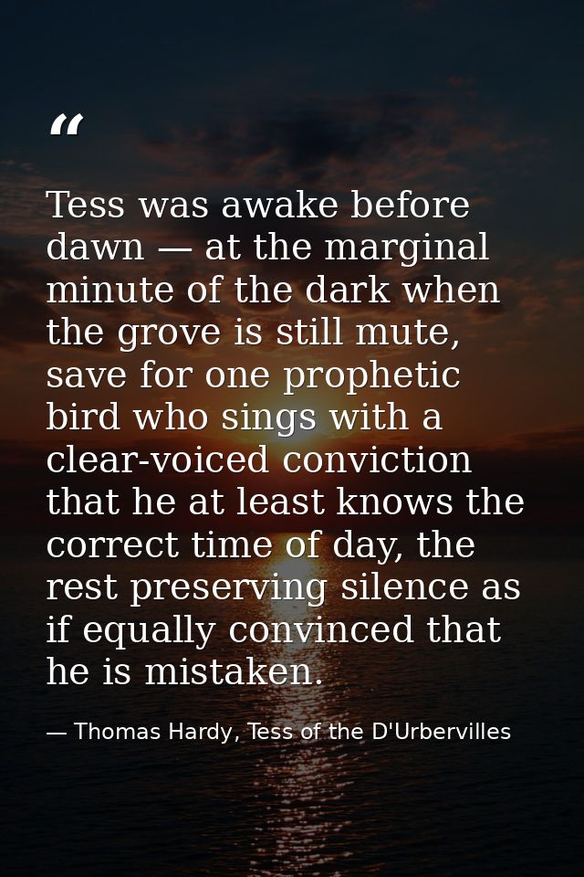 Tess was awake before dawn — at the marginal minute of the dark when the grove is still mute, save for one prophetic bir — Thomas Hardy, Tess of the D'Urbervilles