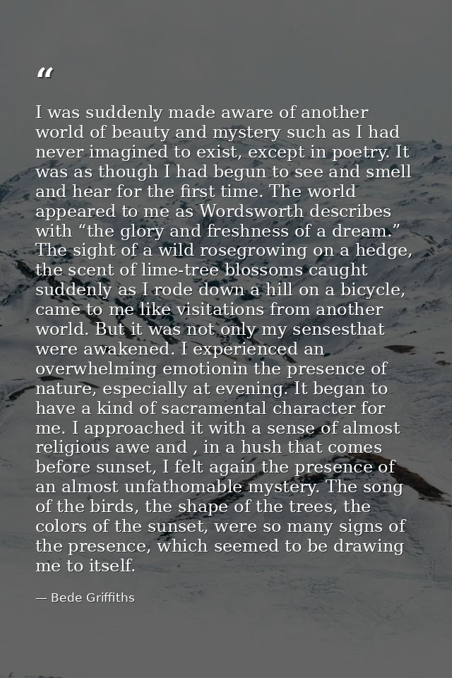 I was suddenly made aware of another world of beauty and mystery such as I had never imagined to exist, except in poetry — Bede Griffiths