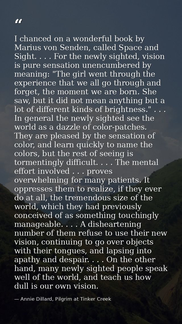 I chanced on a wonderful book by Marius von Senden, called Space and Sight. . . . For the newly sighted, vision is pure  — Annie Dillard, Pilgrim at Tinker Creek
