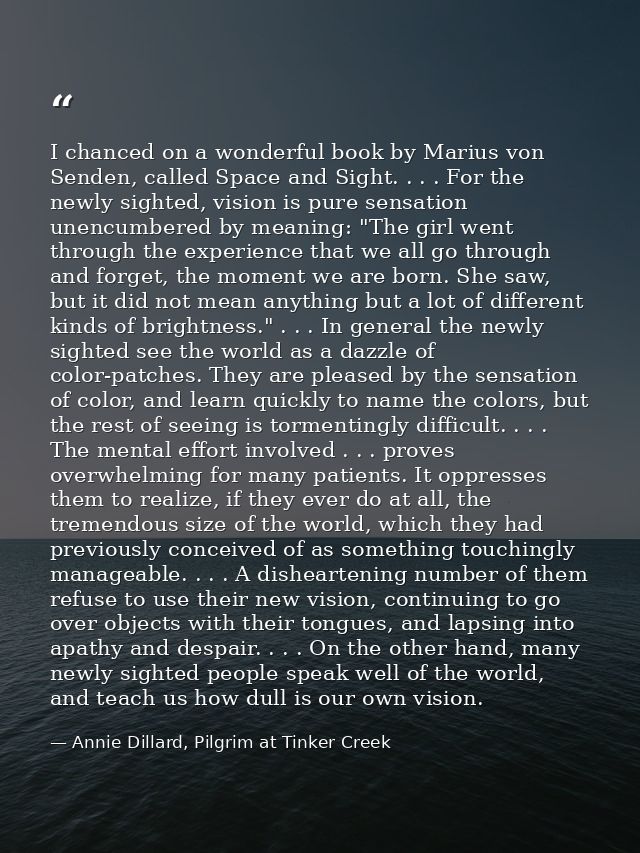 I chanced on a wonderful book by Marius von Senden, called Space and Sight. . . . For the newly sighted, vision is pure  — Annie Dillard, Pilgrim at Tinker Creek