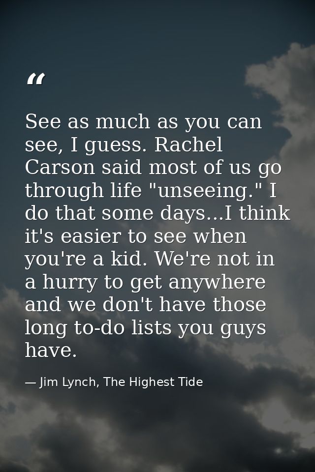 See as much as you can see, I guess. Rachel Carson said most of us go through life "unseeing." I do that some days...I t — Jim Lynch, The Highest Tide
