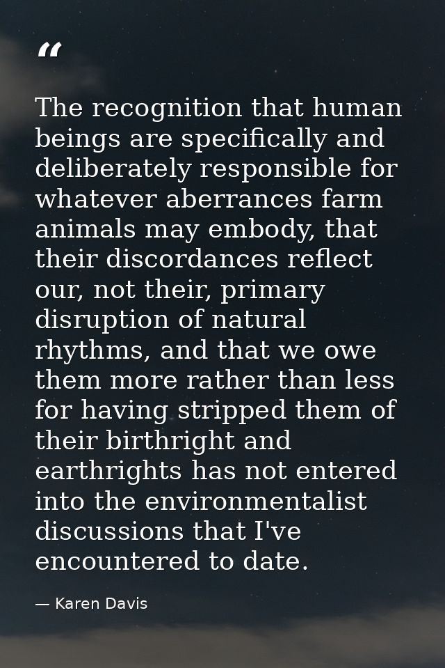The recognition that human beings are specifically and deliberately responsible for whatever aberrances farm animals may — Karen Davis