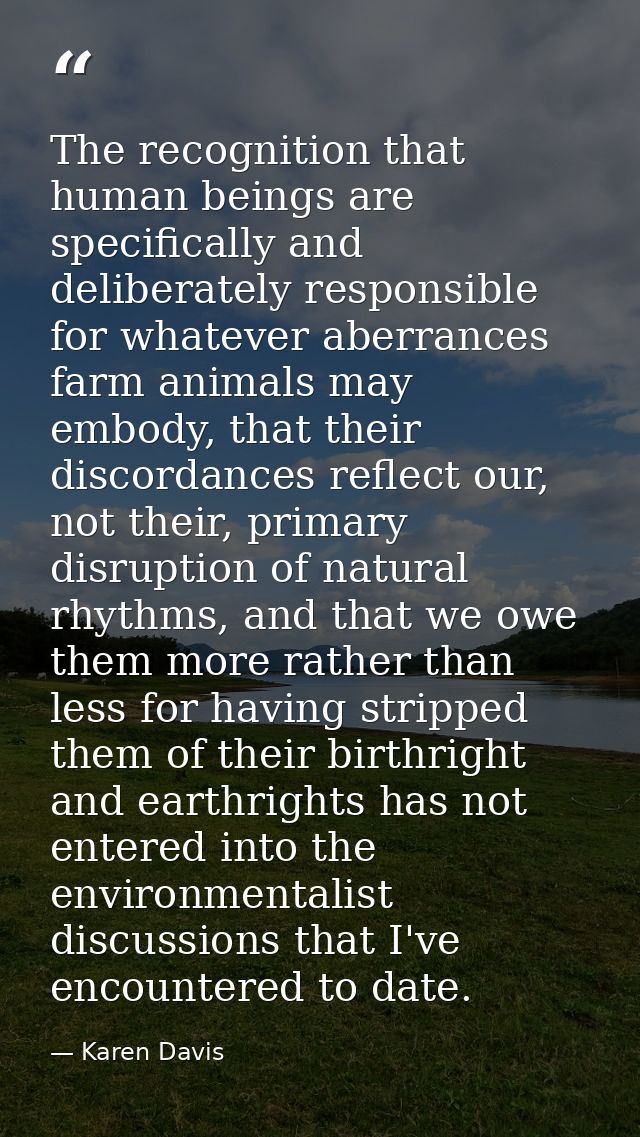 The recognition that human beings are specifically and deliberately responsible for whatever aberrances farm animals may — Karen Davis