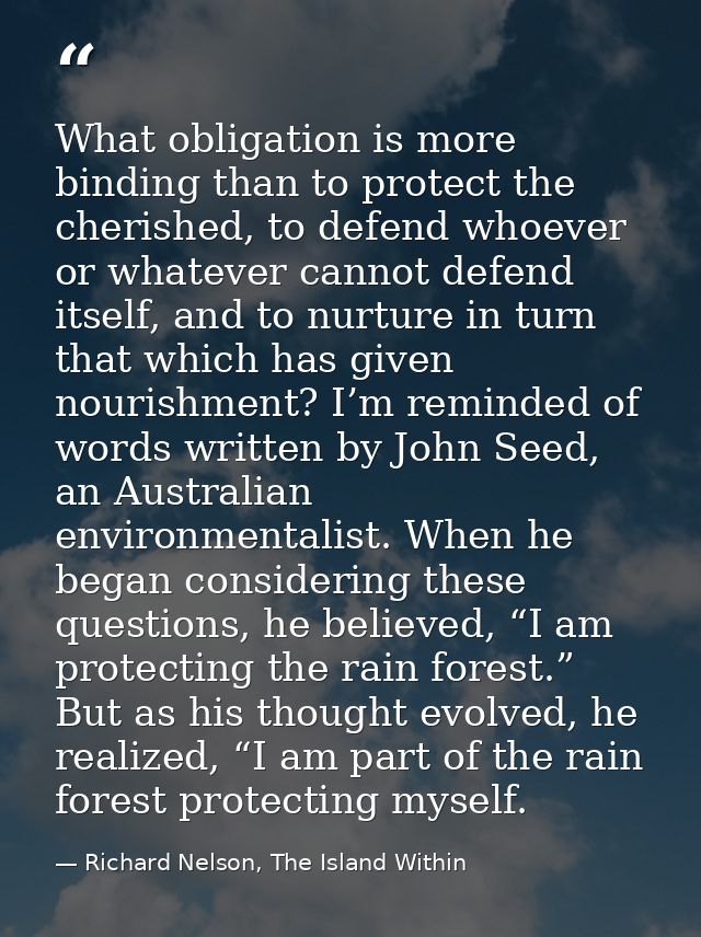 What obligation is more binding than to protect the cherished, to defend whoever or whatever cannot defend itself, and t — Richard Nelson, The Island Within