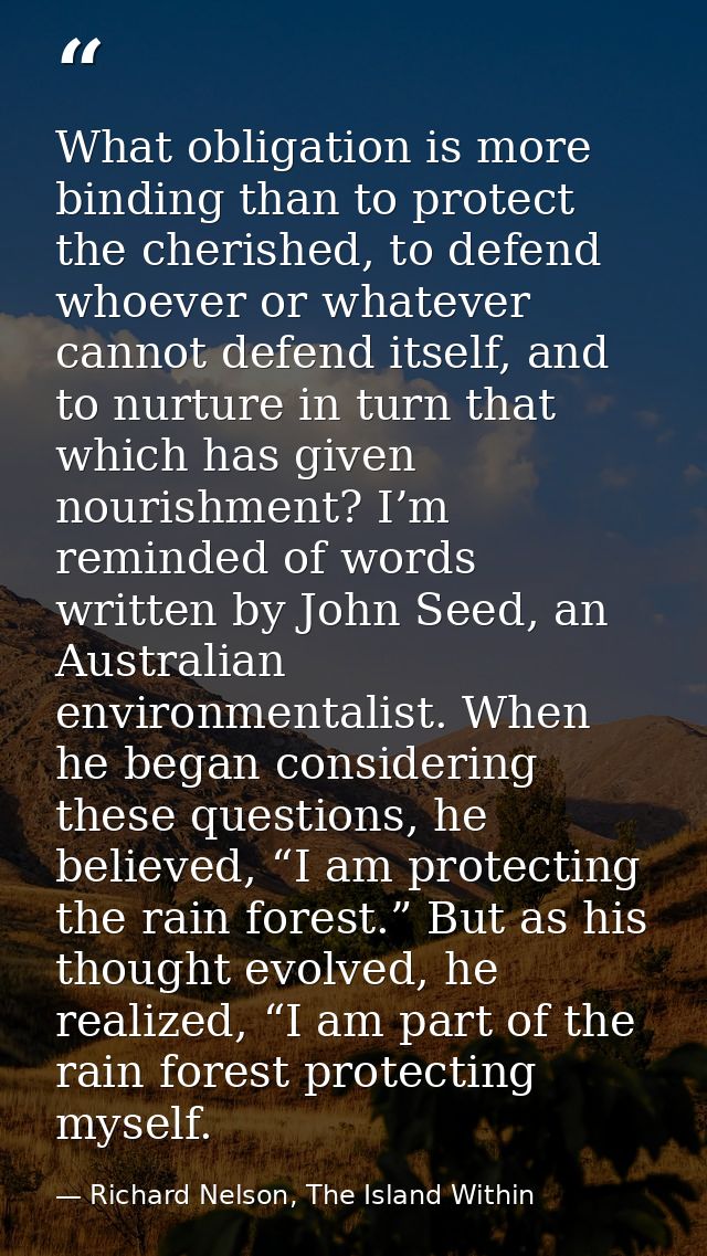 What obligation is more binding than to protect the cherished, to defend whoever or whatever cannot defend itself, and t — Richard Nelson, The Island Within