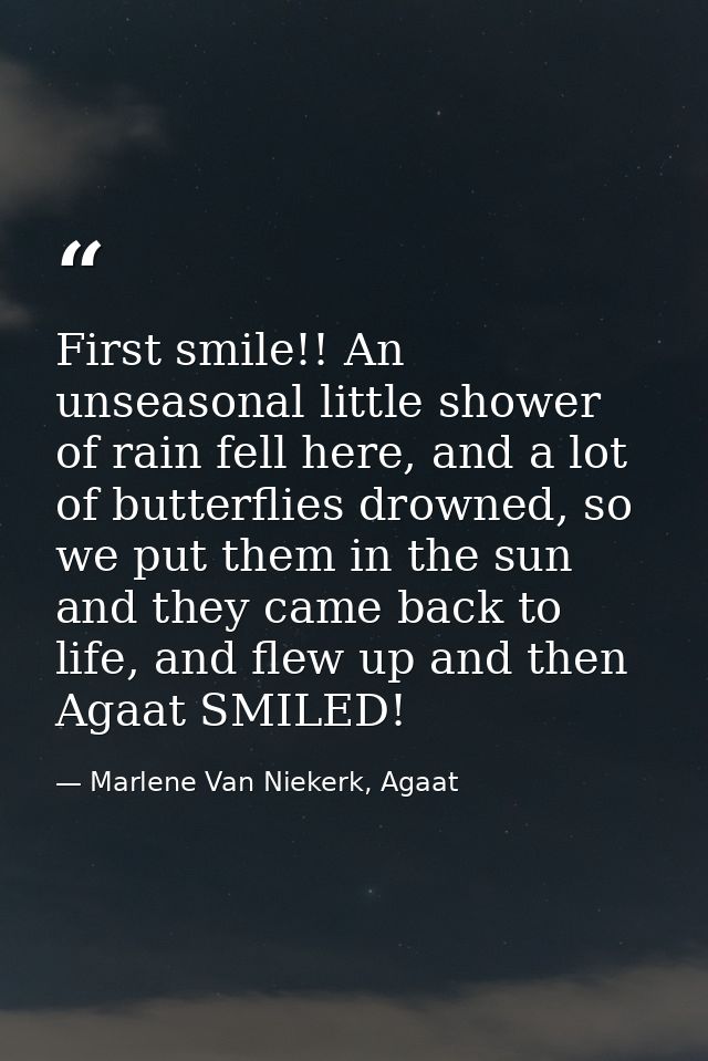 First smile!! An unseasonal little shower of rain fell here, and a lot of butterflies drowned, so we put them in the sun — Marlene Van Niekerk, Agaat