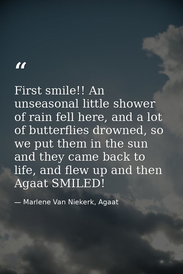 First smile!! An unseasonal little shower of rain fell here, and a lot of butterflies drowned, so we put them in the sun — Marlene Van Niekerk, Agaat
