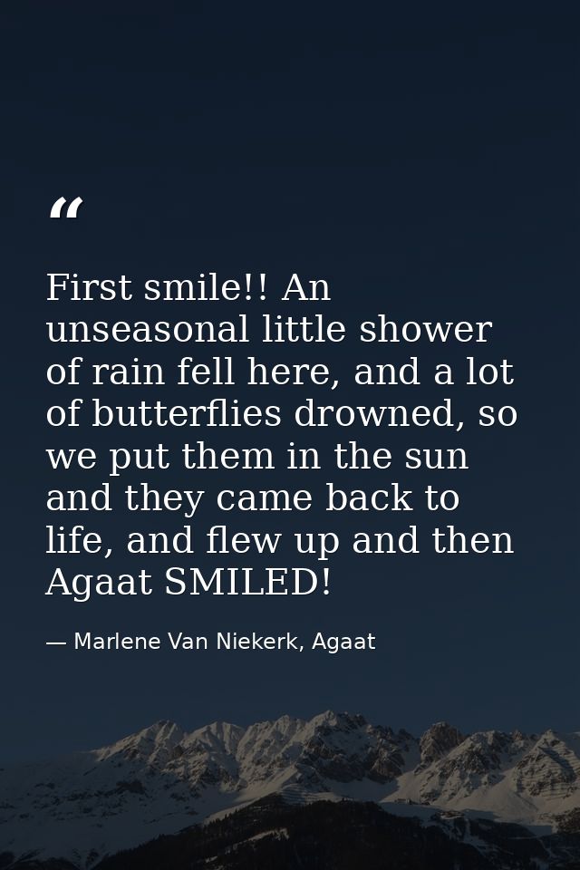 First smile!! An unseasonal little shower of rain fell here, and a lot of butterflies drowned, so we put them in the sun — Marlene Van Niekerk, Agaat