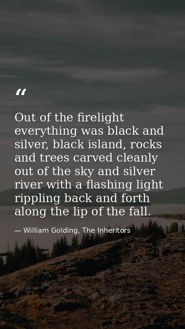 Out of the firelight everything was black and silver, black island, rocks and trees carved cleanly out of the sky and si — William Golding, The Inheritors