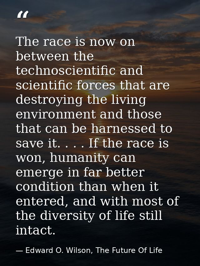 The race is now on between the technoscientific and scientific forces that are destroying the living environment and tho — Edward O. Wilson, The Future Of Life