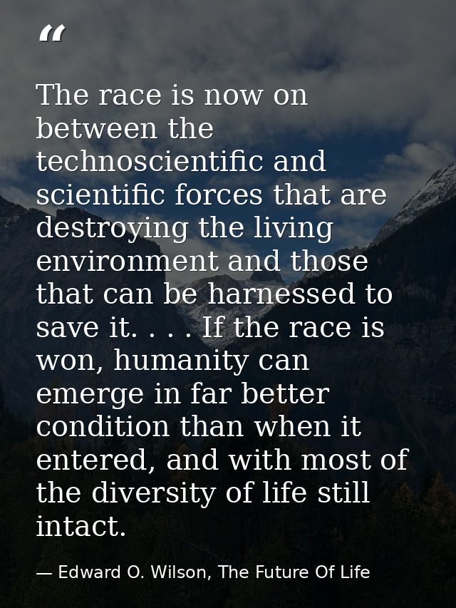 The race is now on between the technoscientific and scientific forces that are destroying the living environment and tho — Edward O. Wilson, The Future Of Life