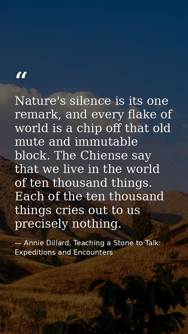 Nature's silence is its one remark, and every flake of world is a chip off that old mute and immutable block. The Chiens — Annie Dillard, Teaching a Stone to Talk: Expeditions and Encounters