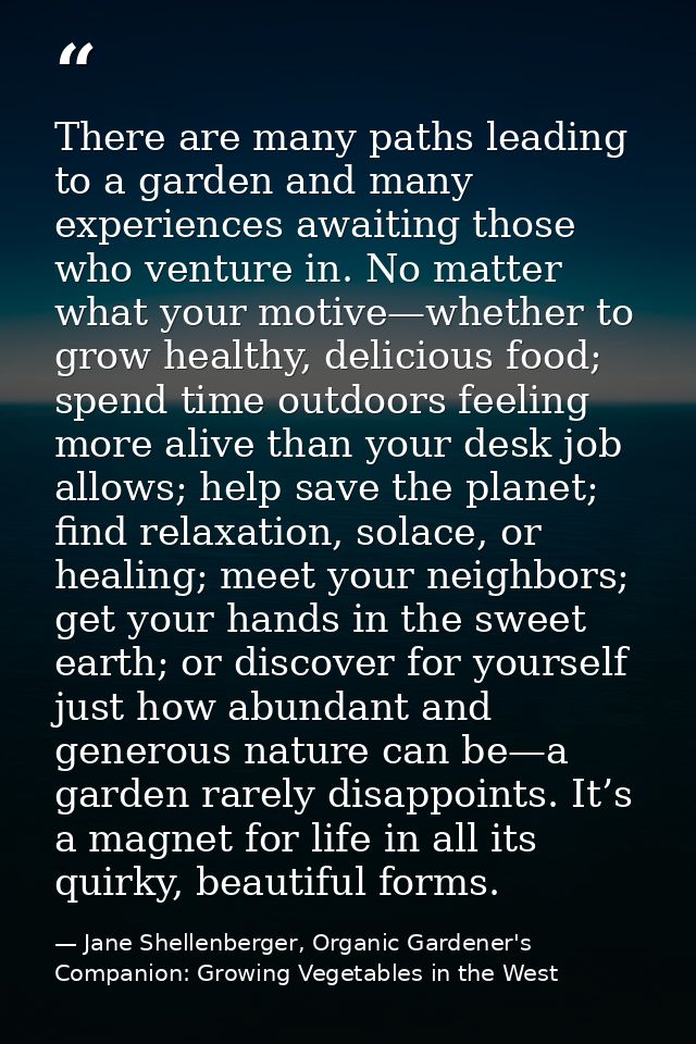 There are many paths leading to a garden and many experiences awaiting those who venture in. No matter what your motive— — Jane Shellenberger, Organic Gardener's Companion: Growing Vegetables in the West