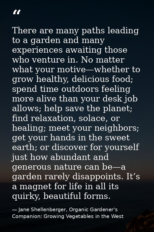 There are many paths leading to a garden and many experiences awaiting those who venture in. No matter what your motive— — Jane Shellenberger, Organic Gardener's Companion: Growing Vegetables in the West