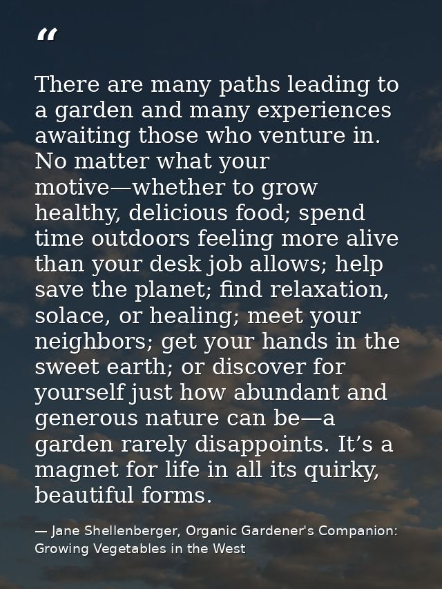 There are many paths leading to a garden and many experiences awaiting those who venture in. No matter what your motive— — Jane Shellenberger, Organic Gardener's Companion: Growing Vegetables in the West