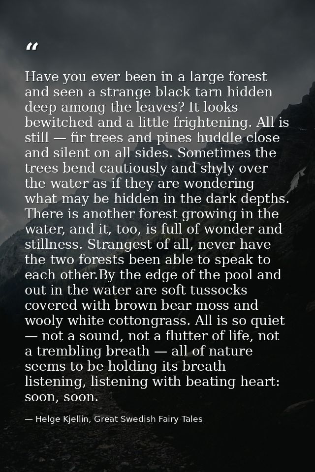 Have you ever been in a large forest and seen a strange black tarn hidden deep among the leaves? It looks bewitched and  — Helge Kjellin, Great Swedish Fairy Tales