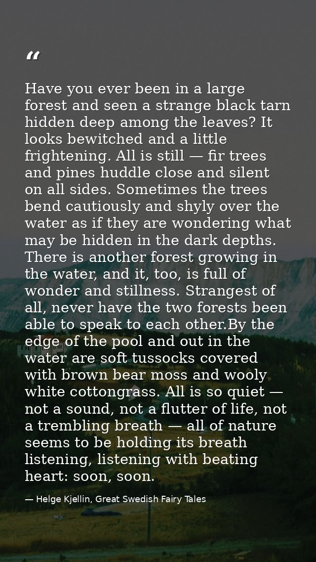 Have you ever been in a large forest and seen a strange black tarn hidden deep among the leaves? It looks bewitched and  — Helge Kjellin, Great Swedish Fairy Tales