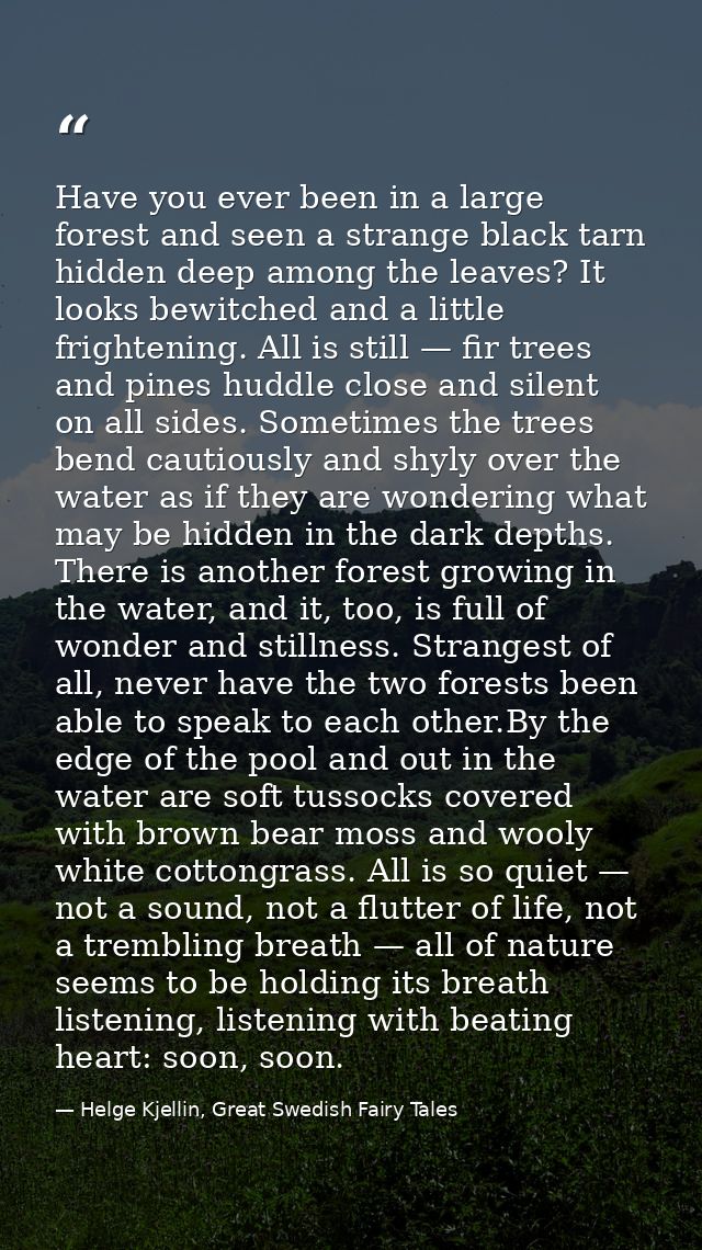 Have you ever been in a large forest and seen a strange black tarn hidden deep among the leaves? It looks bewitched and  — Helge Kjellin, Great Swedish Fairy Tales