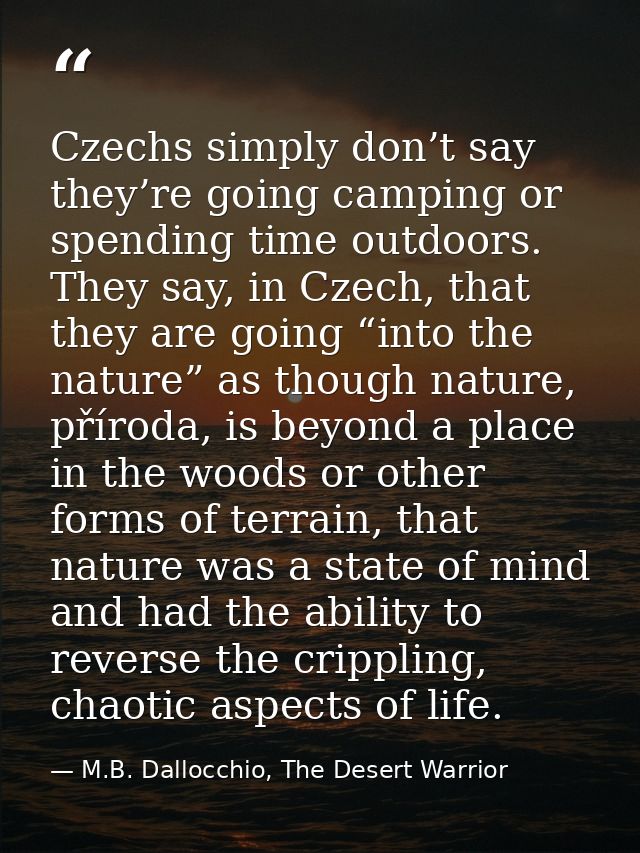 Czechs simply don’t say they’re going camping or spending time outdoors. They say, in Czech, that they are going “into t — M.B. Dallocchio, The Desert Warrior