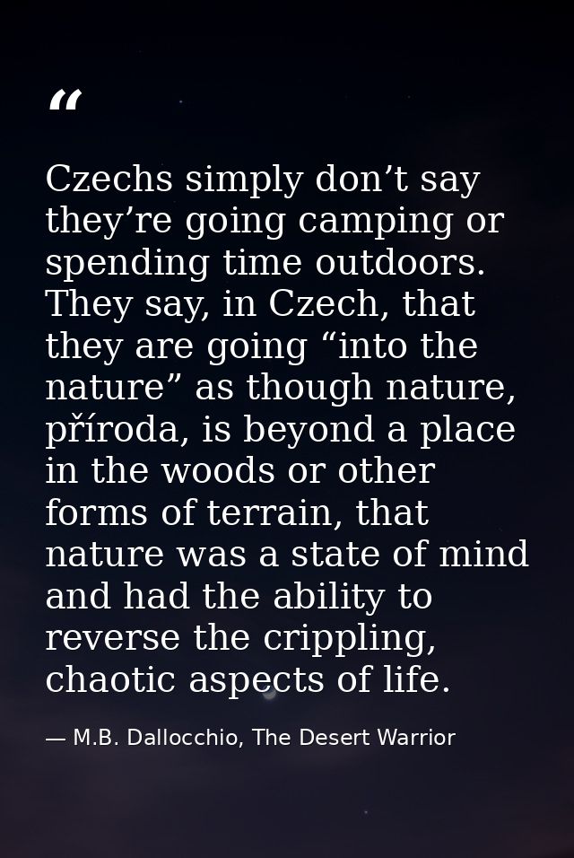 Czechs simply don’t say they’re going camping or spending time outdoors. They say, in Czech, that they are going “into t — M.B. Dallocchio, The Desert Warrior