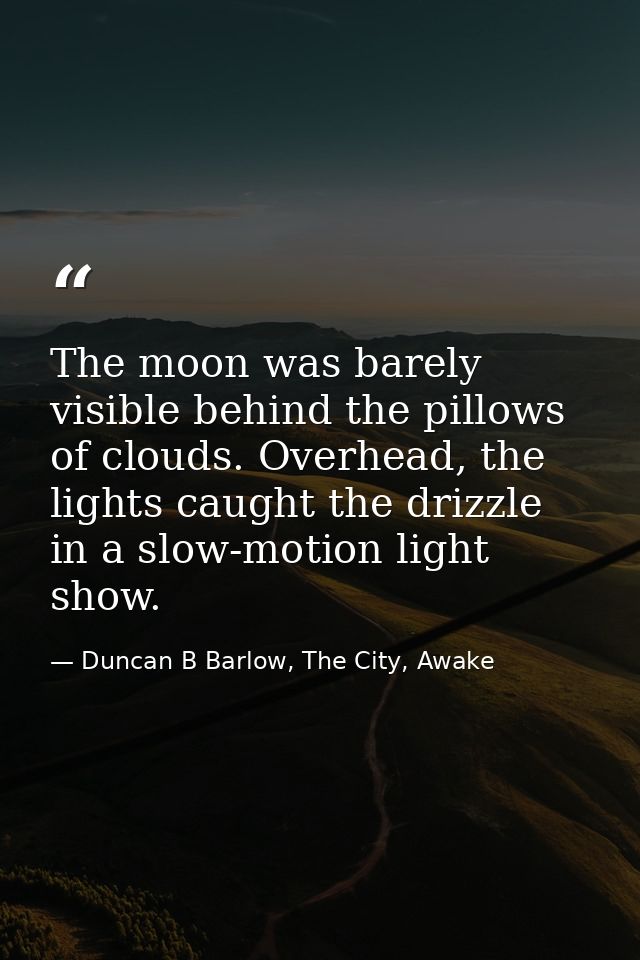 The moon was barely visible behind the pillows of clouds. Overhead, the lights caught the drizzle in a slow-motion light — Duncan B Barlow, The City, Awake