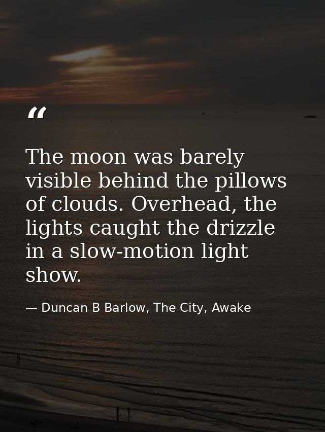 The moon was barely visible behind the pillows of clouds. Overhead, the lights caught the drizzle in a slow-motion light — Duncan B Barlow, The City, Awake