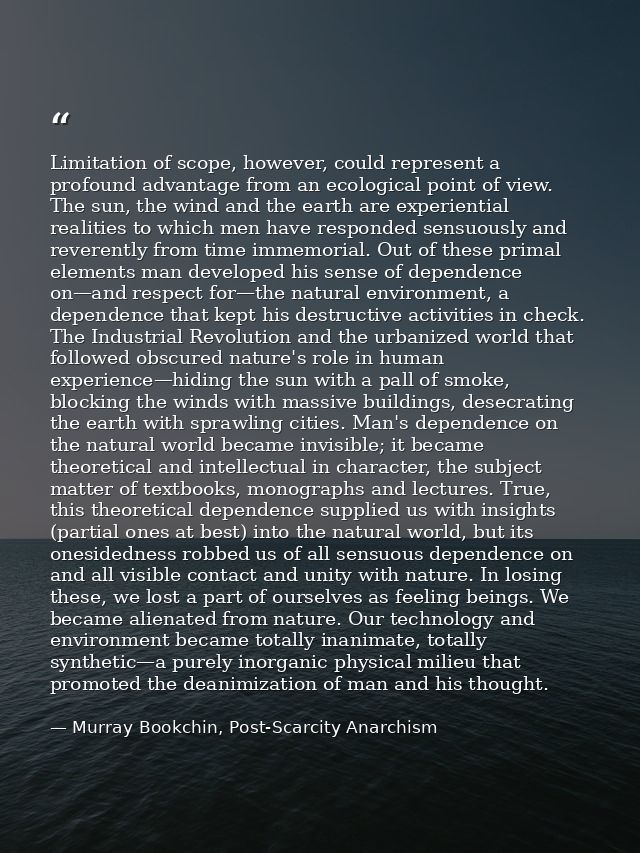 Limitation of scope, however, could represent a profound advantage from an ecological point of view. The sun, the wind a — Murray Bookchin, Post-Scarcity Anarchism