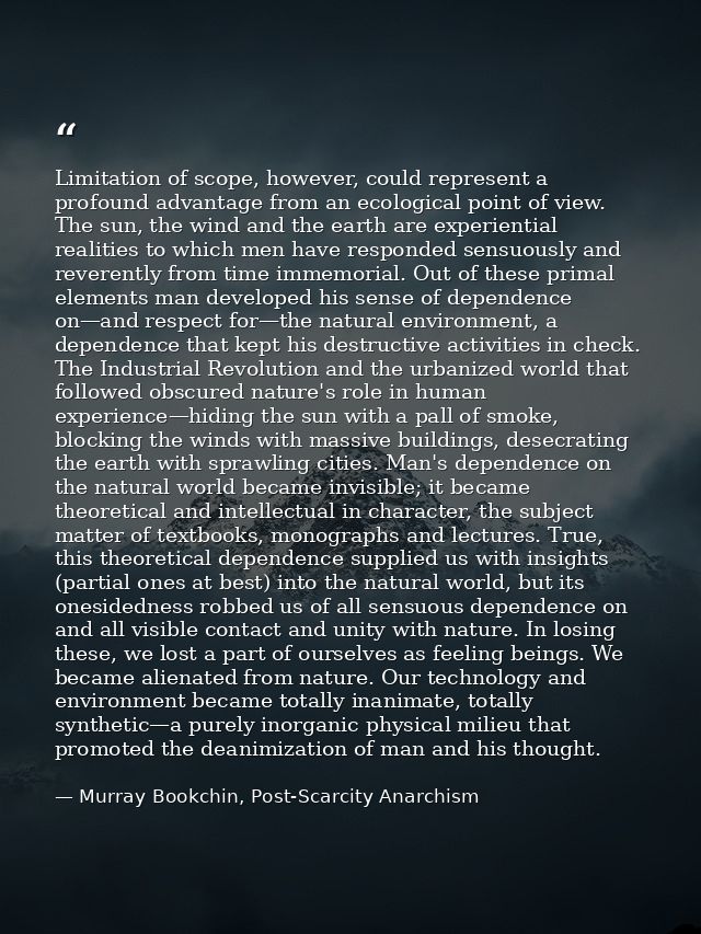 Limitation of scope, however, could represent a profound advantage from an ecological point of view. The sun, the wind a — Murray Bookchin, Post-Scarcity Anarchism