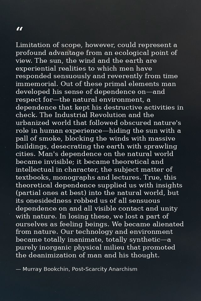Limitation of scope, however, could represent a profound advantage from an ecological point of view. The sun, the wind a — Murray Bookchin, Post-Scarcity Anarchism