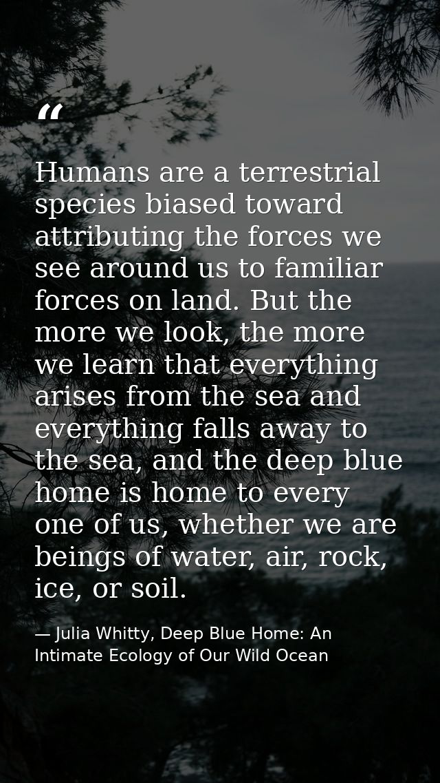 Humans are a terrestrial species biased toward attributing the forces we see around us to familiar forces on land. But t — Julia Whitty, Deep Blue Home: An Intimate Ecology of Our Wild Ocean