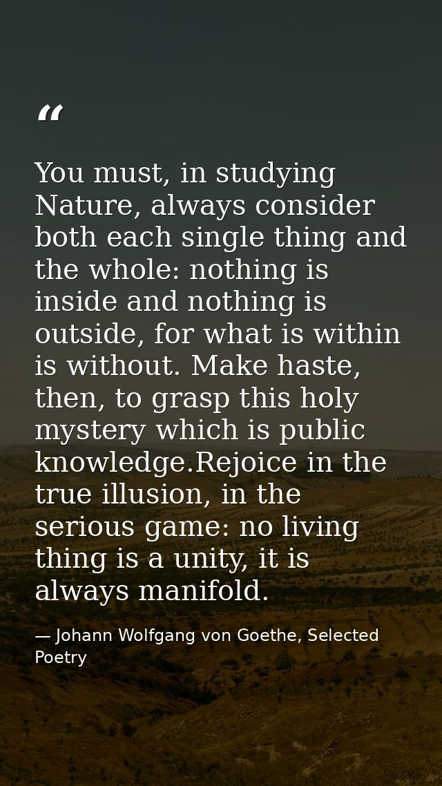 You must, in studying Nature, always consider both each single thing and the whole: nothing is inside and nothing is out — Johann Wolfgang von Goethe, Selected Poetry
