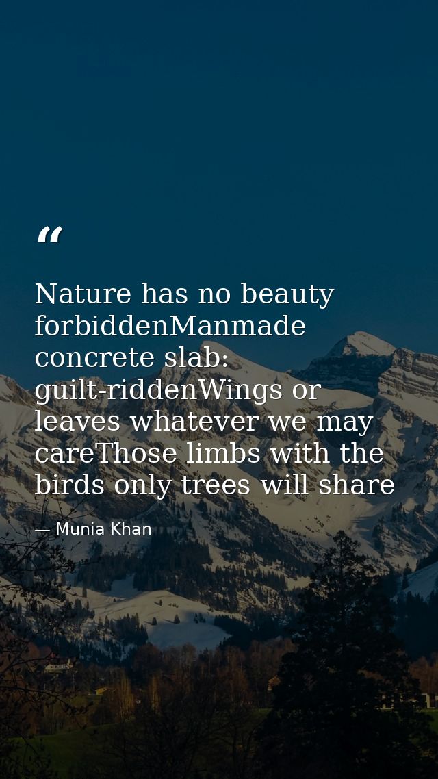 Nature has no beauty forbiddenManmade concrete slab: guilt-riddenWings or leaves whatever we may careThose limbs with th — Munia Khan